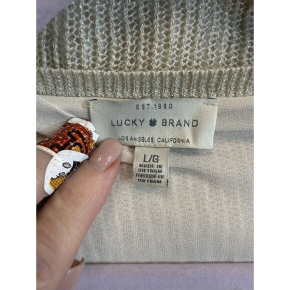 Lucky Brand Sweater Women Large Beige Sparkle Knit V-Neck Raglan Sleeve Pullover - Picture 3 of 7